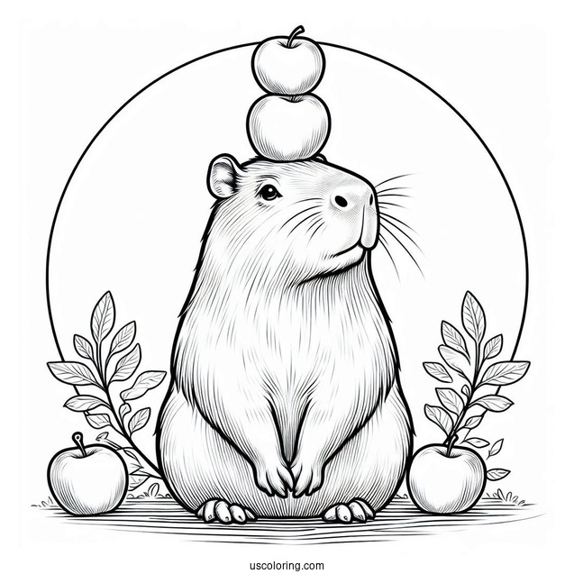 Capybara Coloring Page Balancing Apples On Its Head