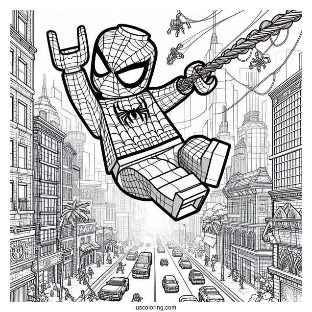 Lego Spider-Man With Webs Swinging Through City