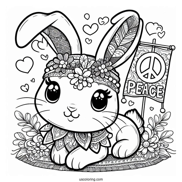 Hippie Rabbit Coloring Page With Peace Banner On Top