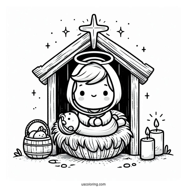 Nativity Coloring Page Of Cute Baby Jesus In The Manger For Kids
