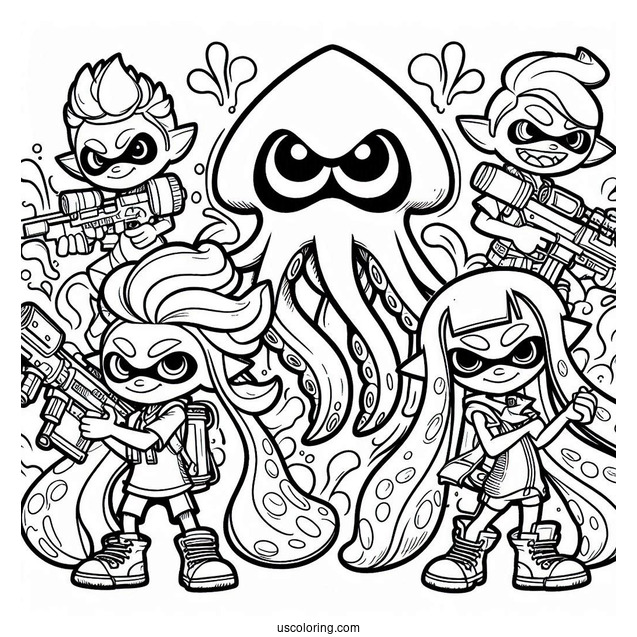 Detailed Splatoon Coloring Page Of Inklings Vs Octolings