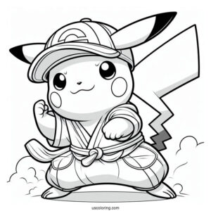Pikachu Wearing Cap On Fighting Stance Coloring In