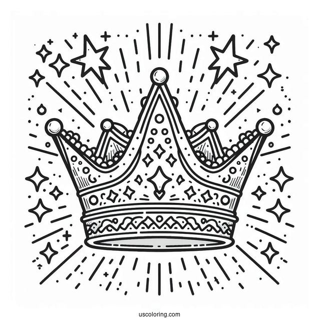 Majestic Crown Coloring Page with Stars and Light Beams