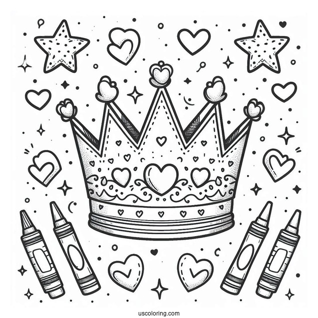 Cute DIY Crown Coloring Page with Hearts, Crayons, and Stars For Kids