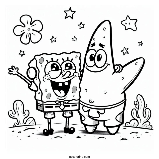 Happy SpongeBob And Patrick Star Coloring Page With Arms Around One Another
