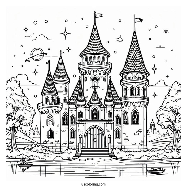 Simple Castle Coloring Page With High Tower In The Middle
