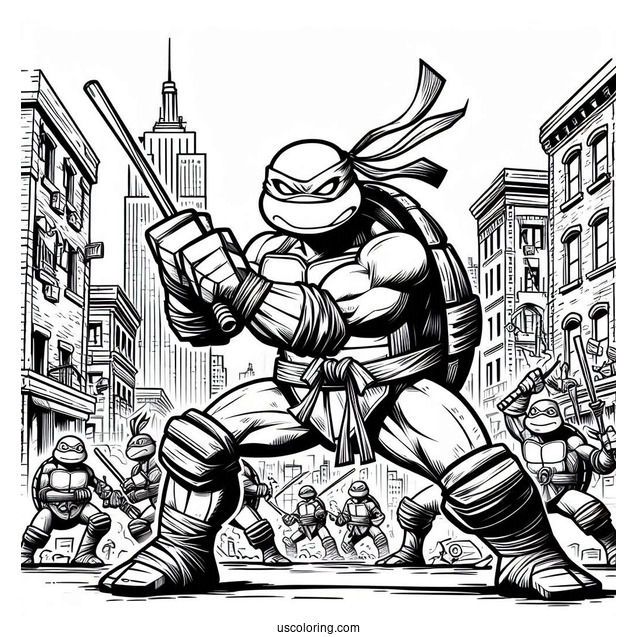 Ninja Turtles Coloring Page Of Michelangelo Using Nunchucks In City