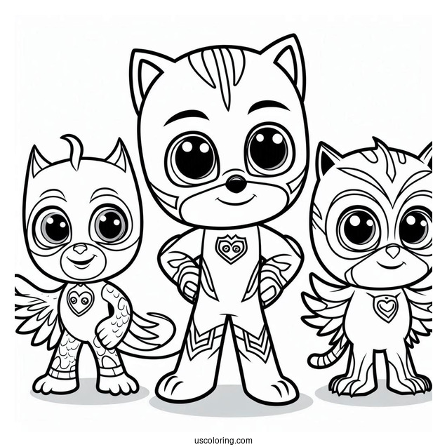 PJ Masks Coloring Page Of Gekko, Owlette, And Catboy Poster