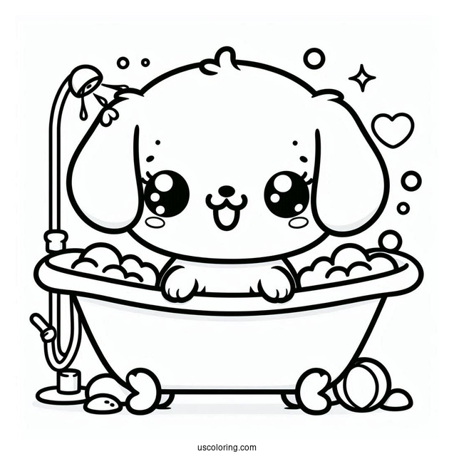 Kawaii Puppy In A Bathtub Coloring Sheet