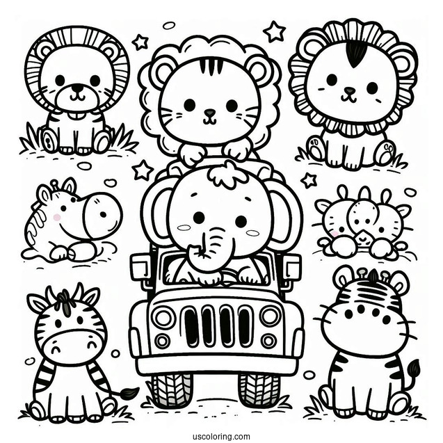 Jungle Coloring Page Of Kawaii Elephant, Lion, Zebra, Hippo, And Giraffe In Jeep For Preschoolers
