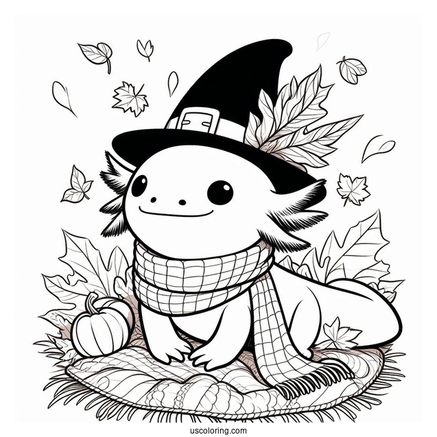 Axolotl Coloring Page Dressed As A Pilgrim In Autumn