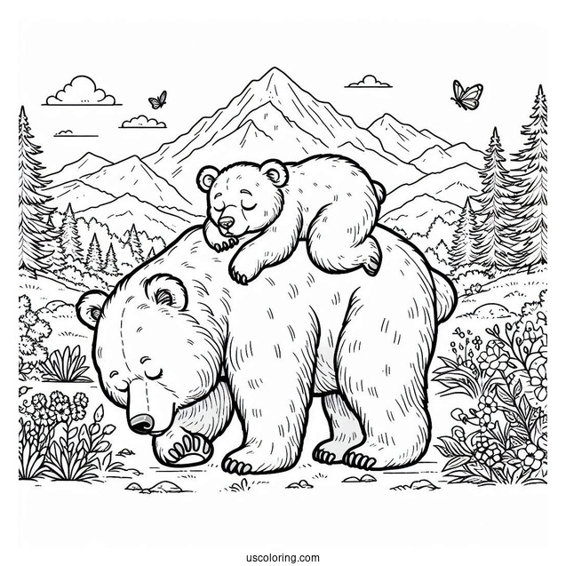 Bear Coloring Page Of Cub Sleeping On Mama Bear s Back While She s Walking