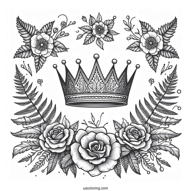 Detailed Flower Crown Coloring Page Surrounded by Roses and Fern Leaves