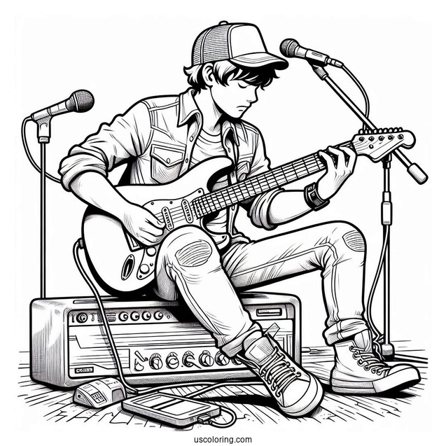 Sing Coloring Page Of Ash Playing Electric Guitar While Sitting On Amplifier