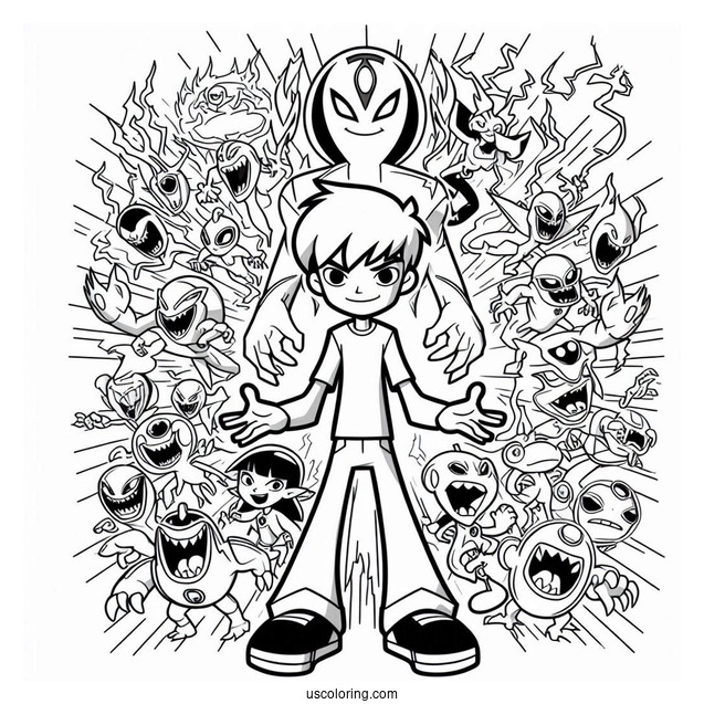 Ben 10 Coloring Page Of Ben Tennyson With All Ten Aliens