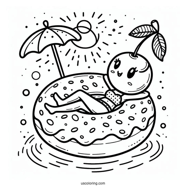 Donut Coloring Page With Cherry Lounging In A Floaty