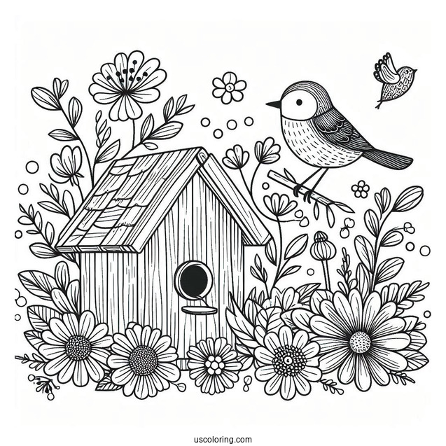 Spring Coloring Page Of Bird House With Flowers And Bird