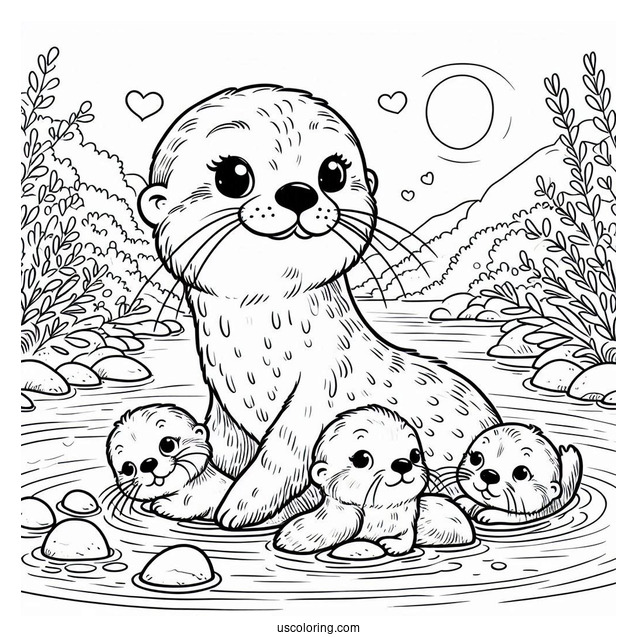 Mama And Papa Otter Coloring Page With Babies Floating On River