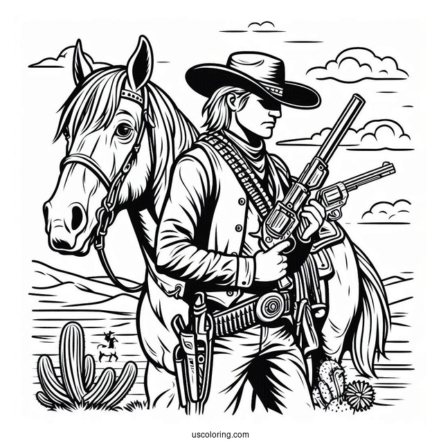 Cowboy Coloring Page With Guns Standing In Front Of Horse