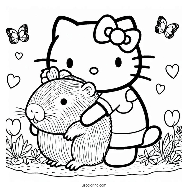 Hello Kitty Hugging A Capybara Coloring Page For Kids