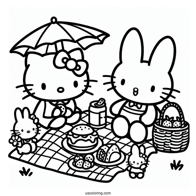 Hello Kitty And Miffy Coloring Page Having A Picnic