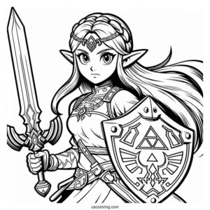 Super Smash Bros Coloring Page Of Zelda With Sword And Shield For Kids