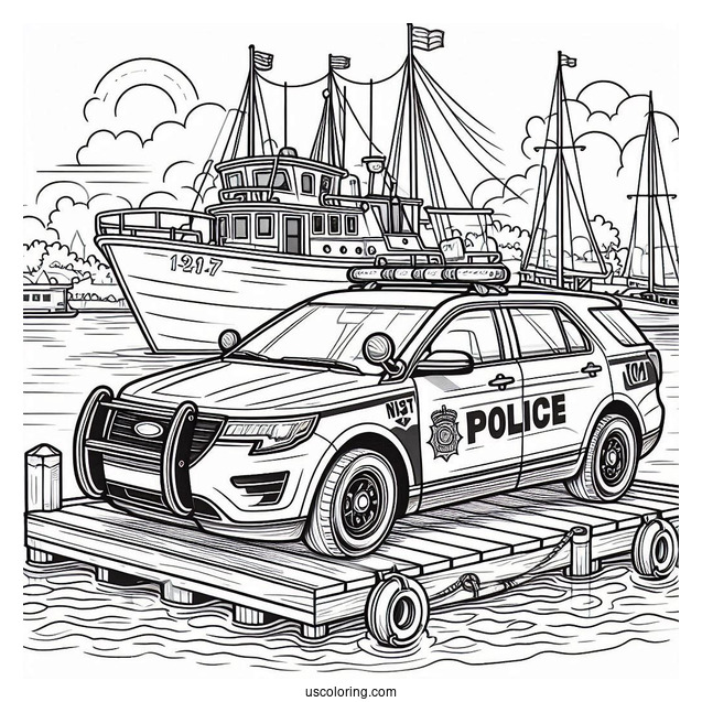 Police Car Coloring Page Parked On A Port Beside A Police Boat