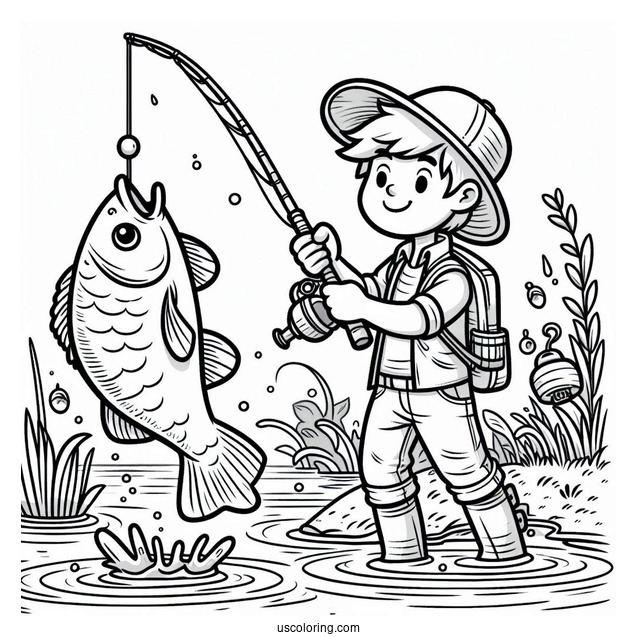Fishing Coloring Page Of Cartoon Man Catching A Large Fish