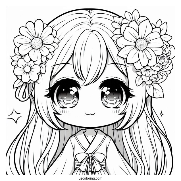Chibi Anime Girl With Flower In Her Hair Coloring Sheet