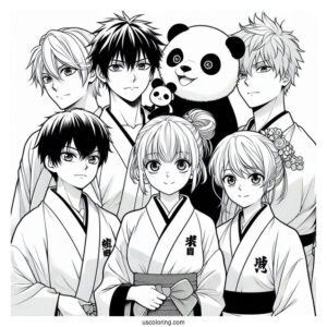 Manga Coloring Page Of Jujutsu Kaisen With Yuji, Nobara, Megumi, Gojo, Sukuna, Panda, Inumaki, And Maki
