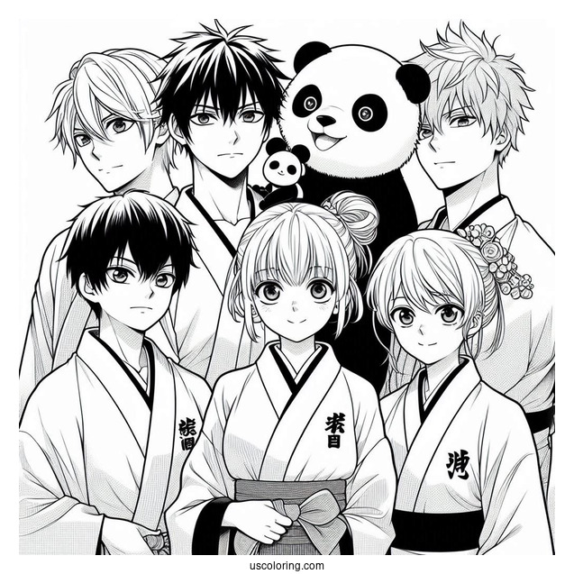 Manga Coloring Page Of Jujutsu Kaisen With Yuji, Nobara, Megumi, Gojo, Sukuna, Panda, Inumaki, And Maki