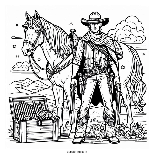 Cowboy Coloring Page With Guns Standing In Front Of Horse