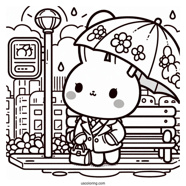 Pochacco Coloring Page Waiting At Bus Stop With Umbrella