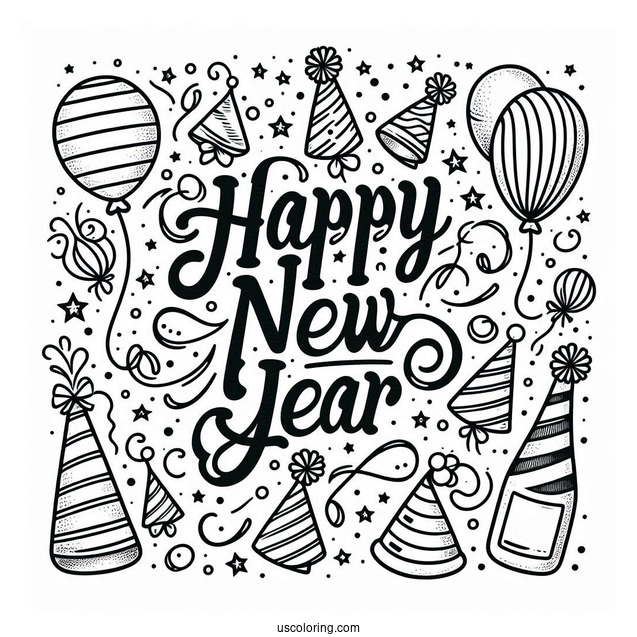 Happy New Year Coloring Page Of Words With Balloons, Party Hats, And Confetti