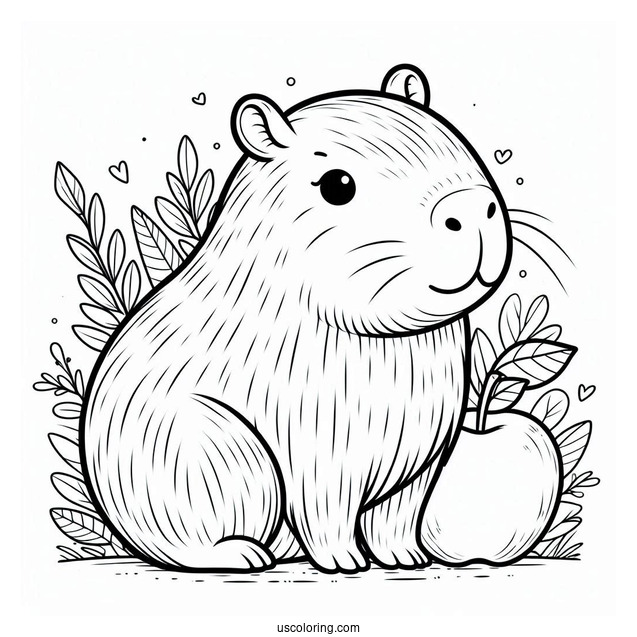 Easy Cute Capybara Coloring Page With An Apple On Its Head