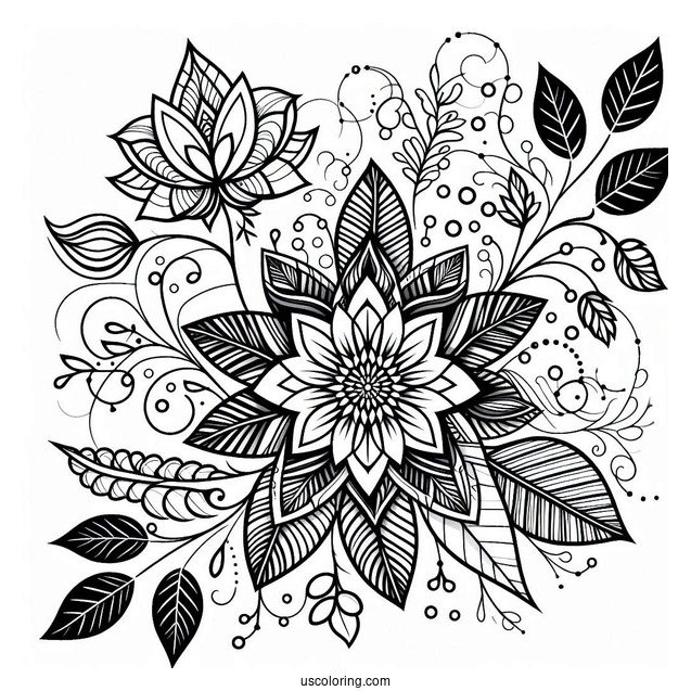 Complex Flower And Leaves Pattern Coloring Page