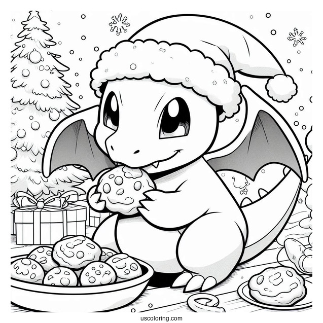 Pokemon Christmas Coloring Page Charizard Eating Cookies In Front Of Christmas Tree