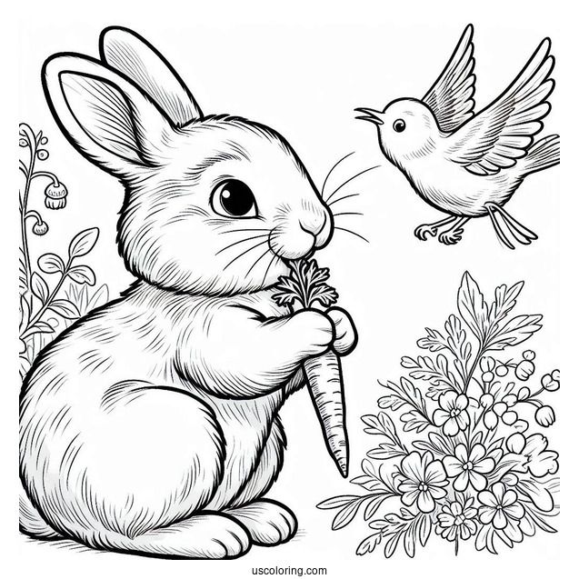 Peter Rabbit Coloring Page Nibbling On A Carrot While Looking Up At A Bird