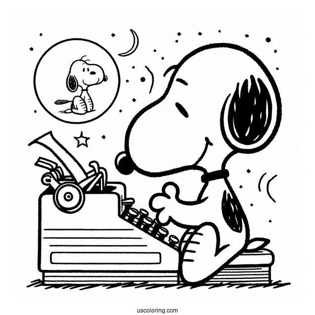 Snoopy Writing On Type Writer To Color