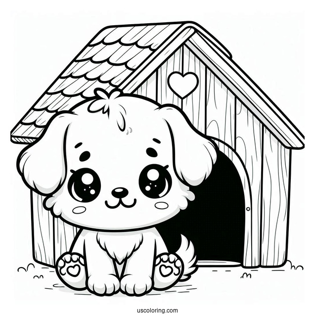 Kawaii Puppy In Dog House Coloring In For Preschoolers