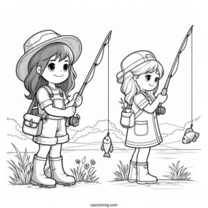 Little Girl Fishing Coloring Page For Kids