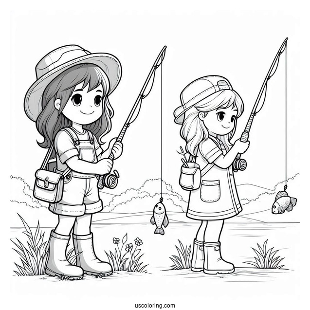 Little Girl Fishing Coloring Page For Kids