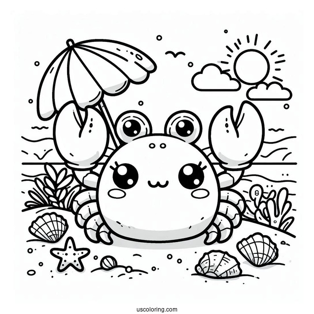 Kawaii Crab On The Beach Coloring Sheet For Kids