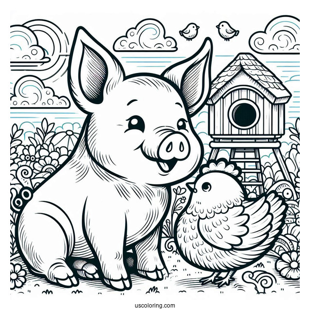 Detailed Pig And Chicken Coloring Sheet