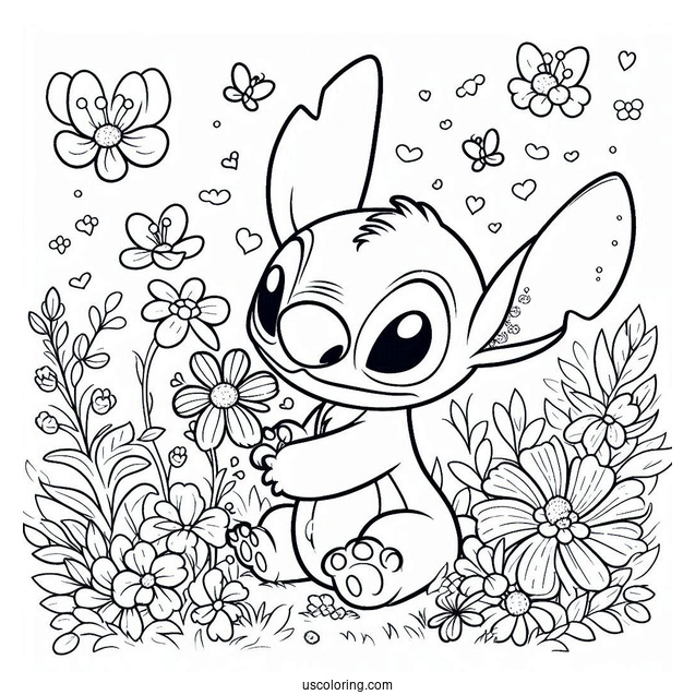 Stitch Smiling At Flowers In Spring Coloring Page