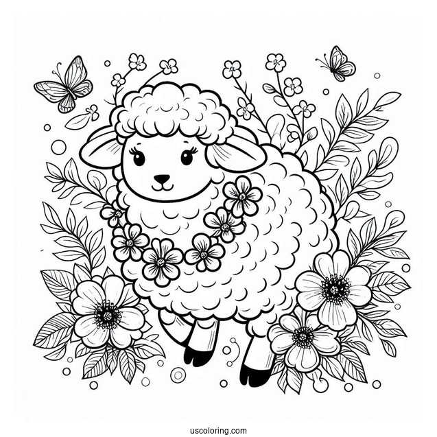 Easy Sheep With Flower Necklace Spring Coloring Page