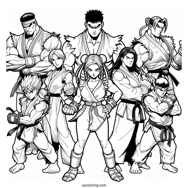 Street Fighter Coloring Page Of Ryu, Lucia, Chun Li, Urien, Rose, And M Bison
