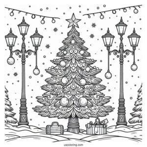 Christmas Tree In The Snow With Lamp Posts