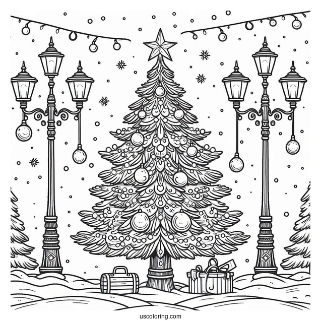 Christmas Tree In The Snow With Lamp Posts