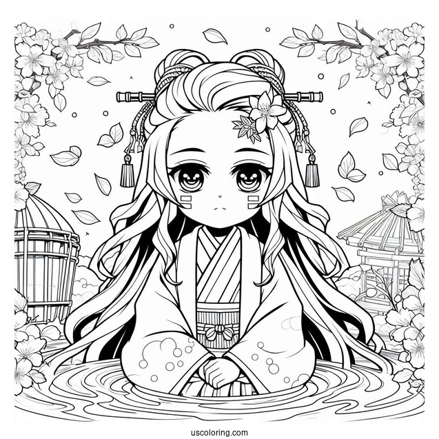 Tanjiro Coloring Page With Nezuko Kamado Surrounded By Water And Cherry Blossoms